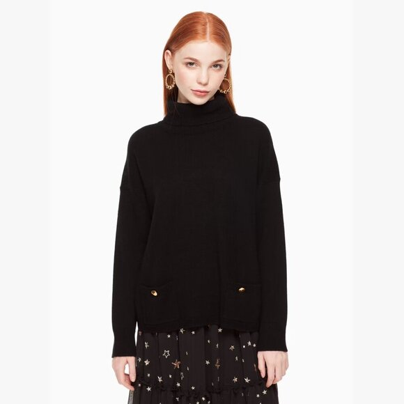 Kate Spade Haya Sweater Wool Cashmere Turtleneck Black Front Pockets - Large - Picture 1 of 6
